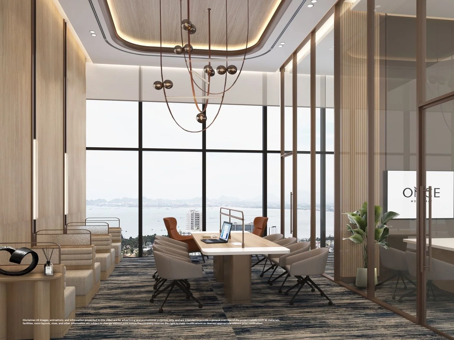 Meeting room with glass partition and panoramic sea views.