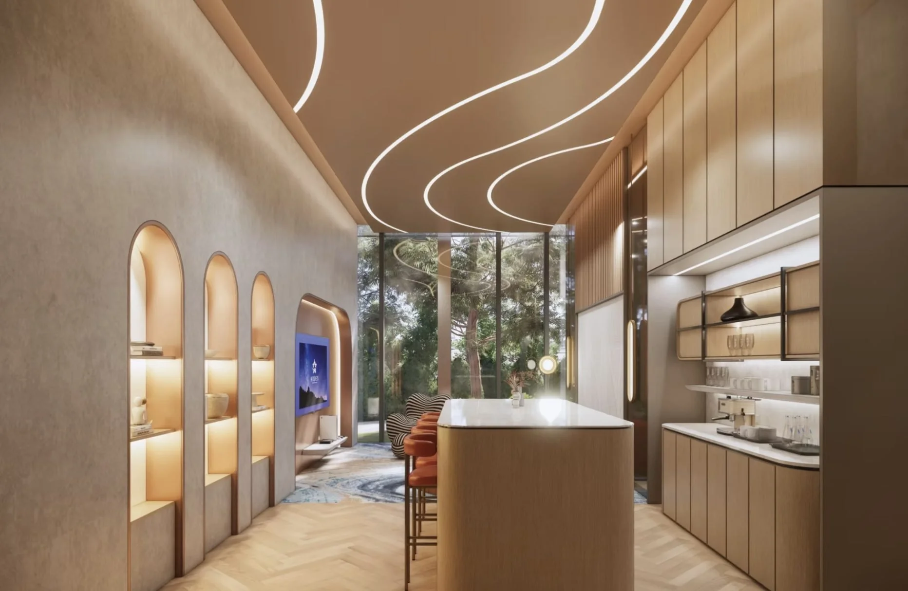 Wine lounge interior at The Arden Johor Bahru with bespoke lighting and refined hospitality design.