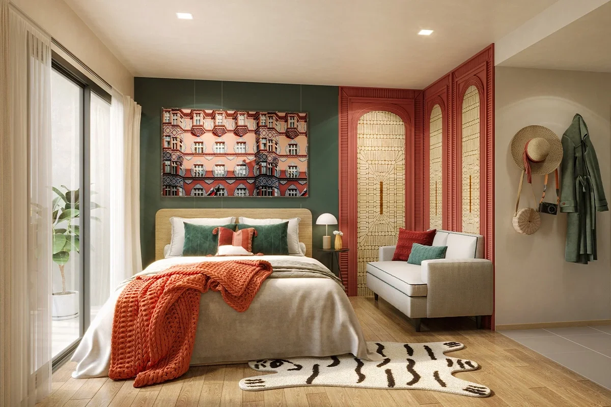 Cabanas Hua Hin bedroom interior with Portuguese-inspired colours, decorative panels and contemporary furnishings.