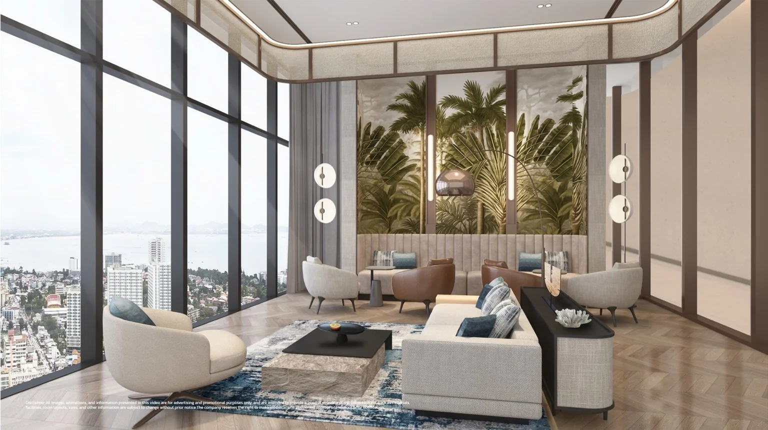 Co-living lounge with floor-to-ceiling glazing and panoramic Pattaya Bay views.
