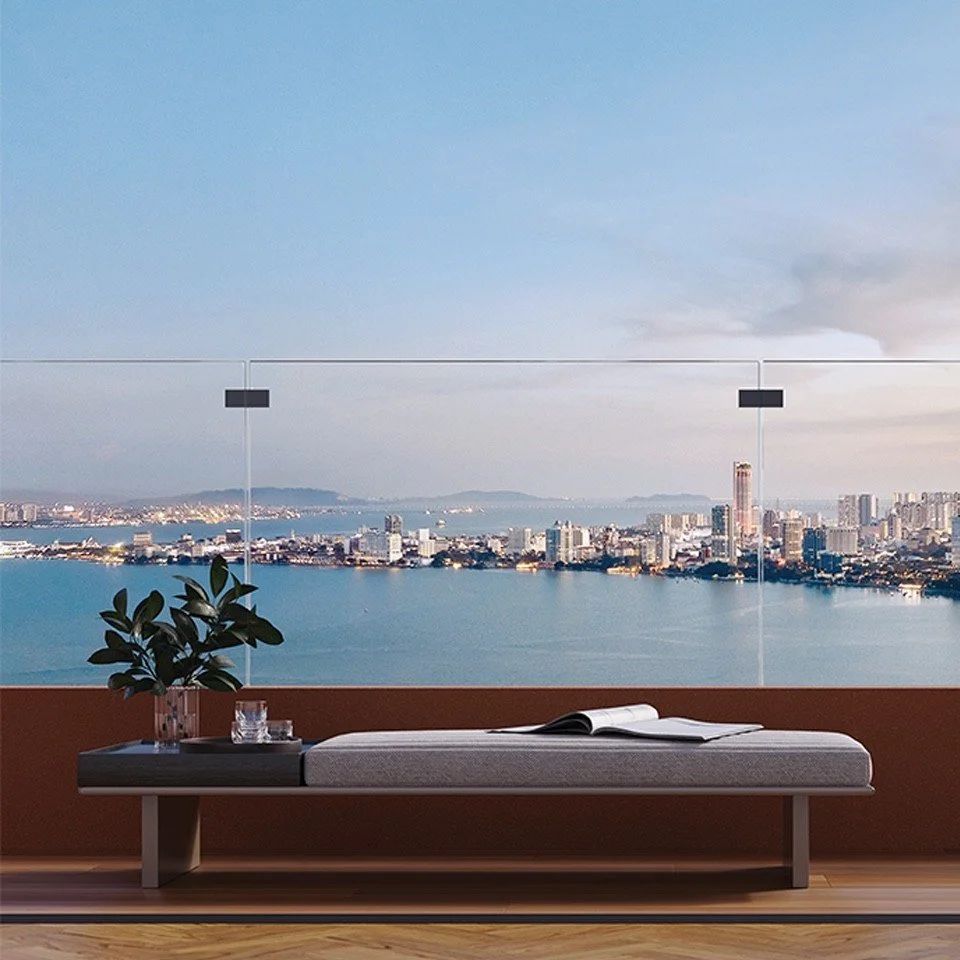 Balcony at The Lume by E&O with seating area and elevated sea views across Penang.