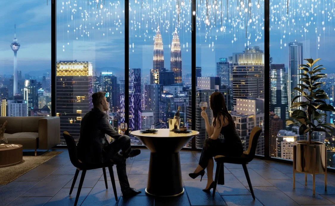 Residents dining with KLCC skyline views at Orion Residence’s elevated city-view restaurant.