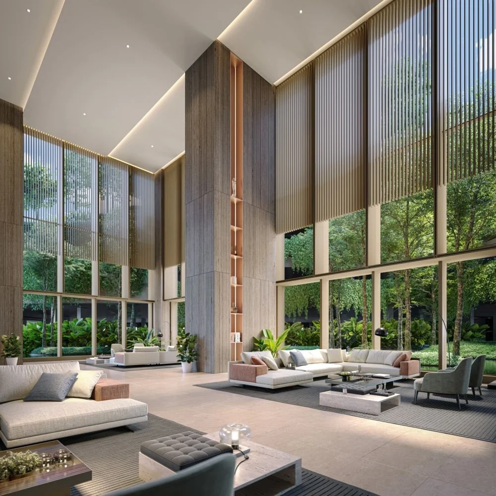 Double-height residents’ lounge at The Lume by E&O with floor-to-ceiling windows, landscaped views and refined seating areas.