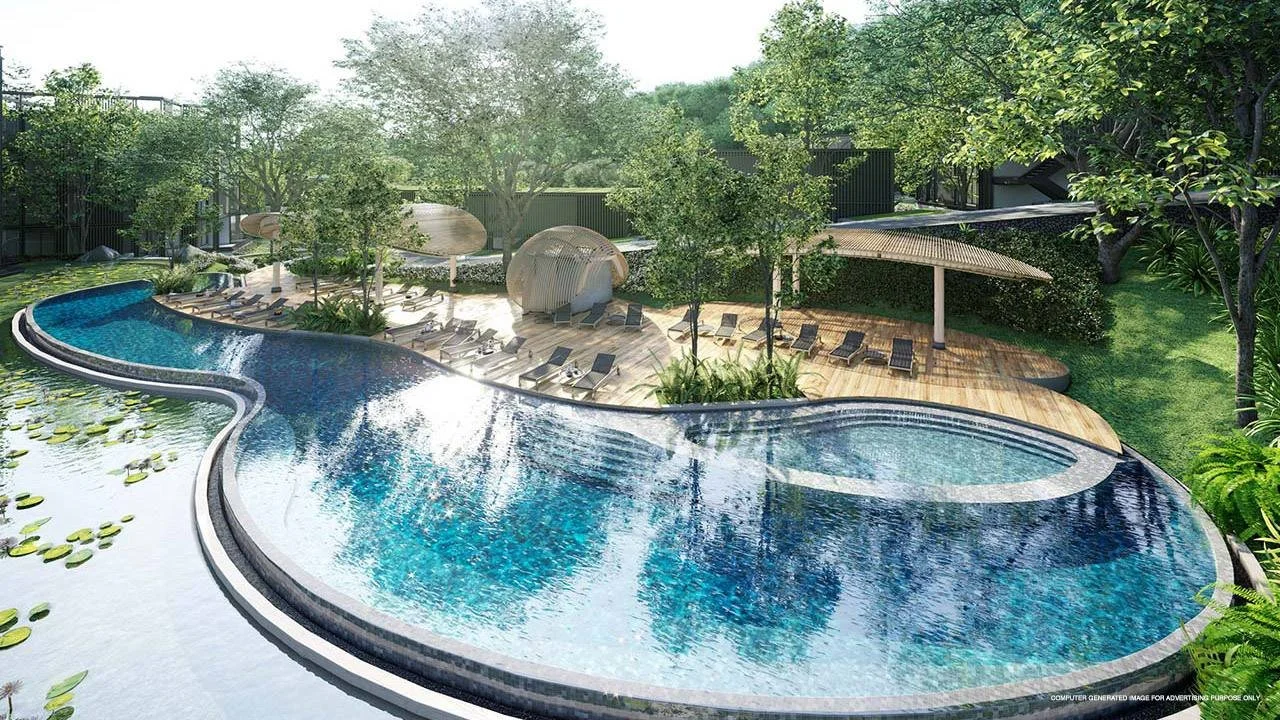 Poolside cabanas and relaxation area at MGallery Residences MontAzure.