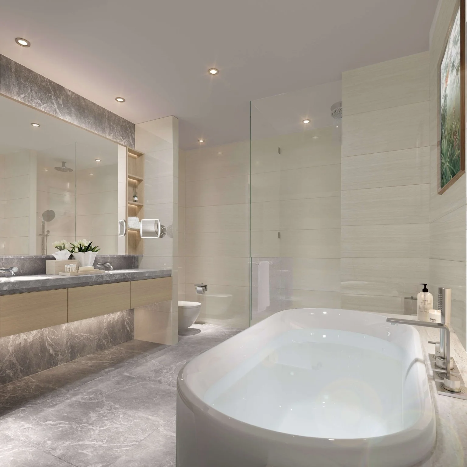 Master bathroom at Gardens of Eden Phuket with a deep soaking bath, walk-in shower, double vanity, and stone-effect finishes.