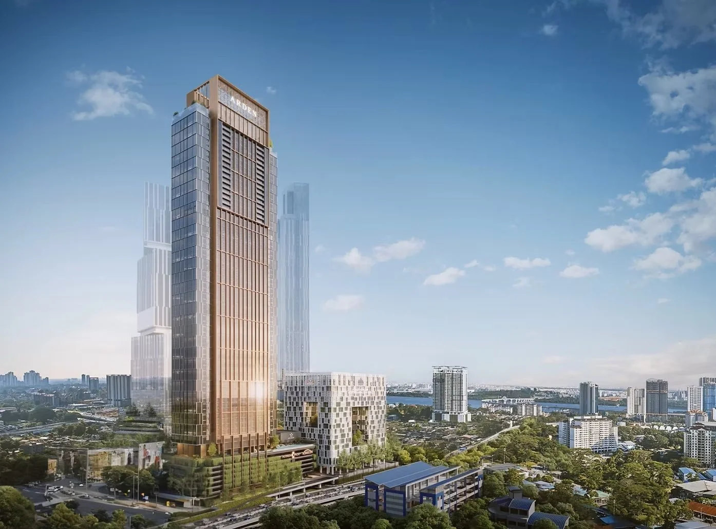 Daytime exterior view of The Arden tower and surrounding skyline.