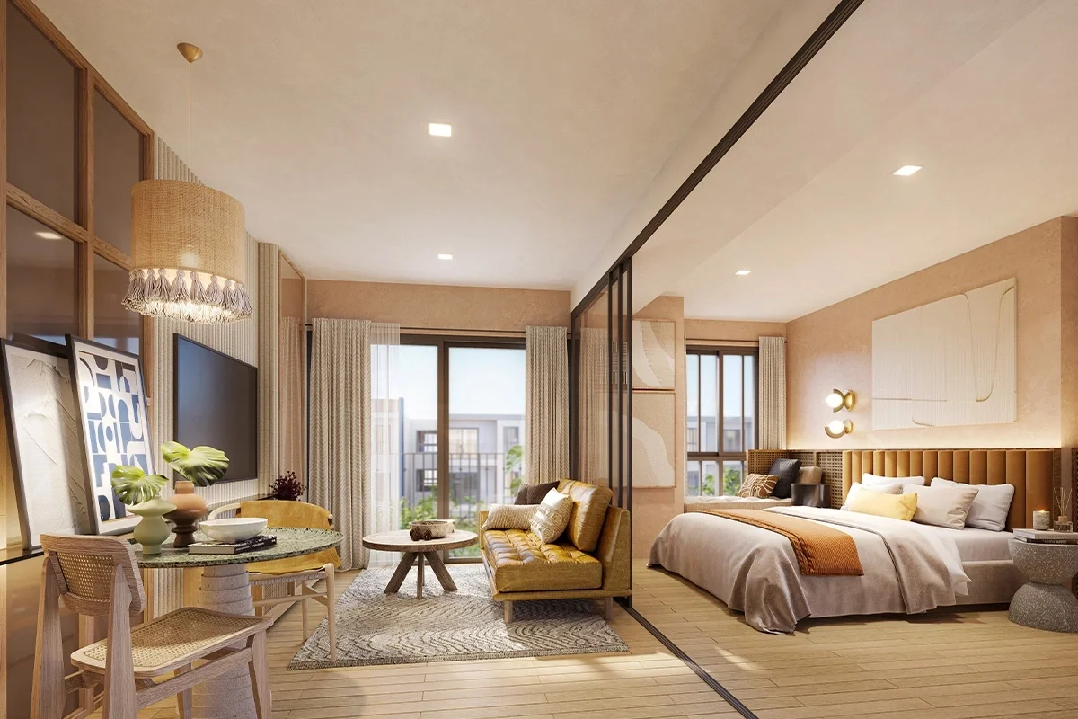 Cabanas Hua Hin condo interior with open-plan bedroom, living area, dining space and contemporary furnishings.