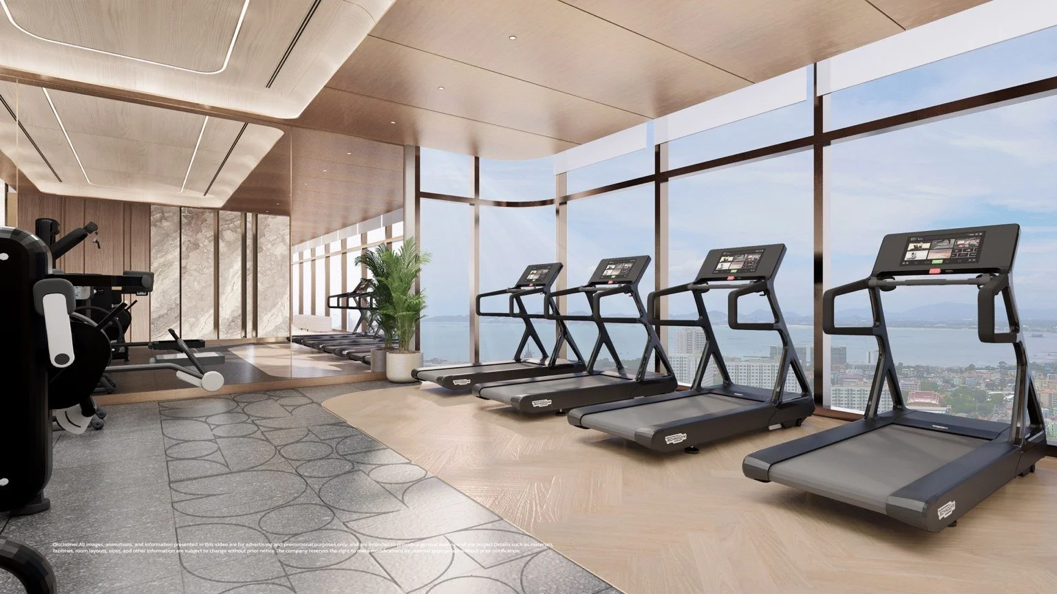 Fitness centre render with treadmills and panoramic windows overlooking the bay.