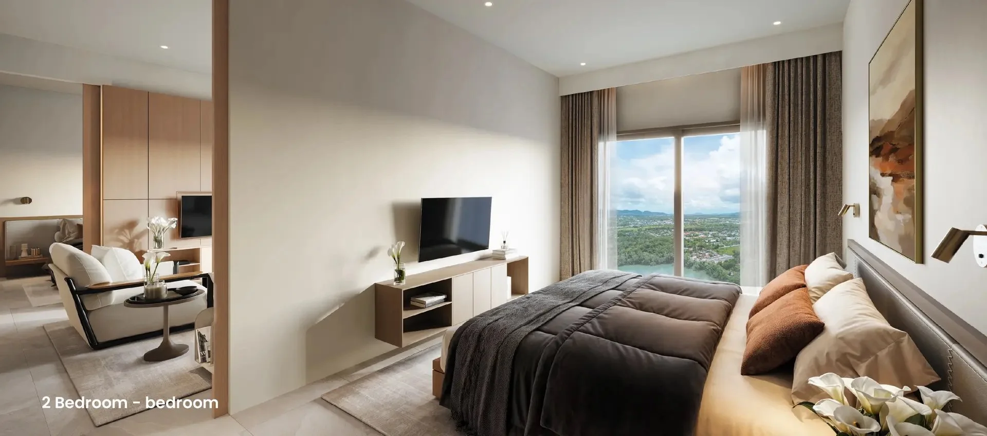 Elegant 2-bedroom unit at Siamese Bangtao featuring a spacious bedroom with mountain and lagoon views