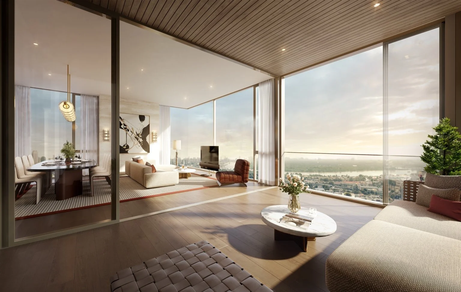 Penthouse living area with floor-to-ceiling windows and river views at Widen by Sansiri.