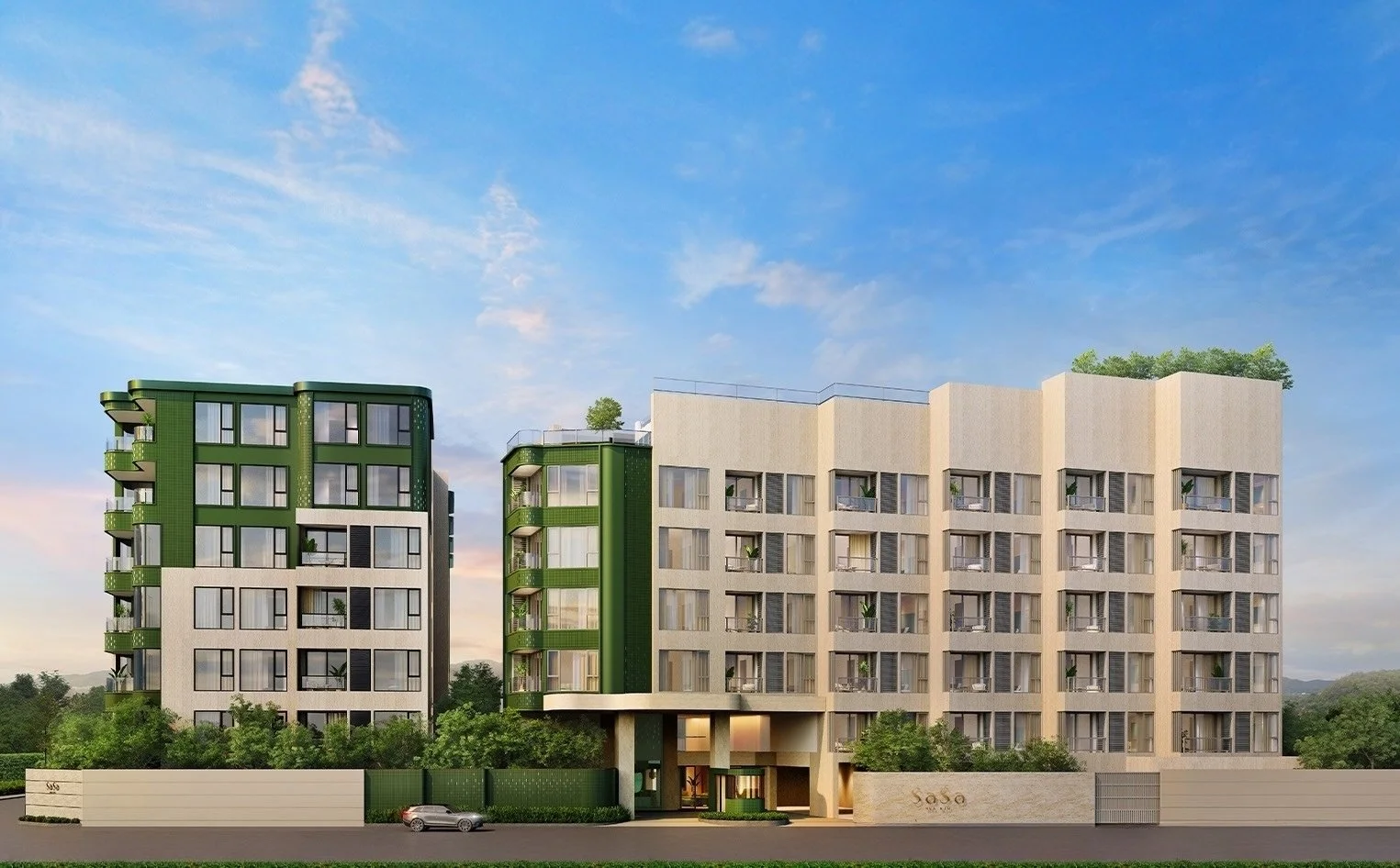 SASA Hua Hin condominium exterior with contemporary green and neutral architecture.