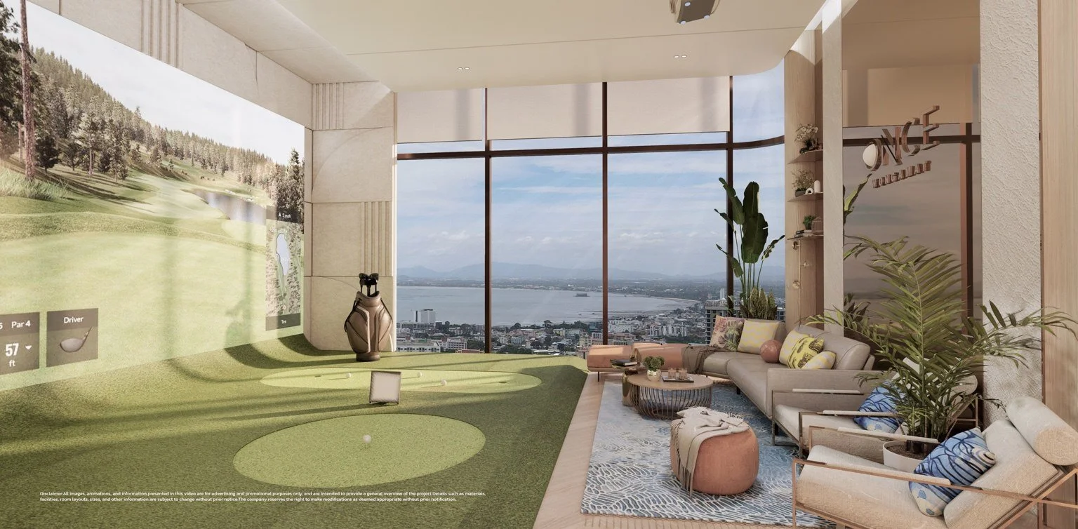 Golf simulator room render with indoor putting area and sea-view windows.