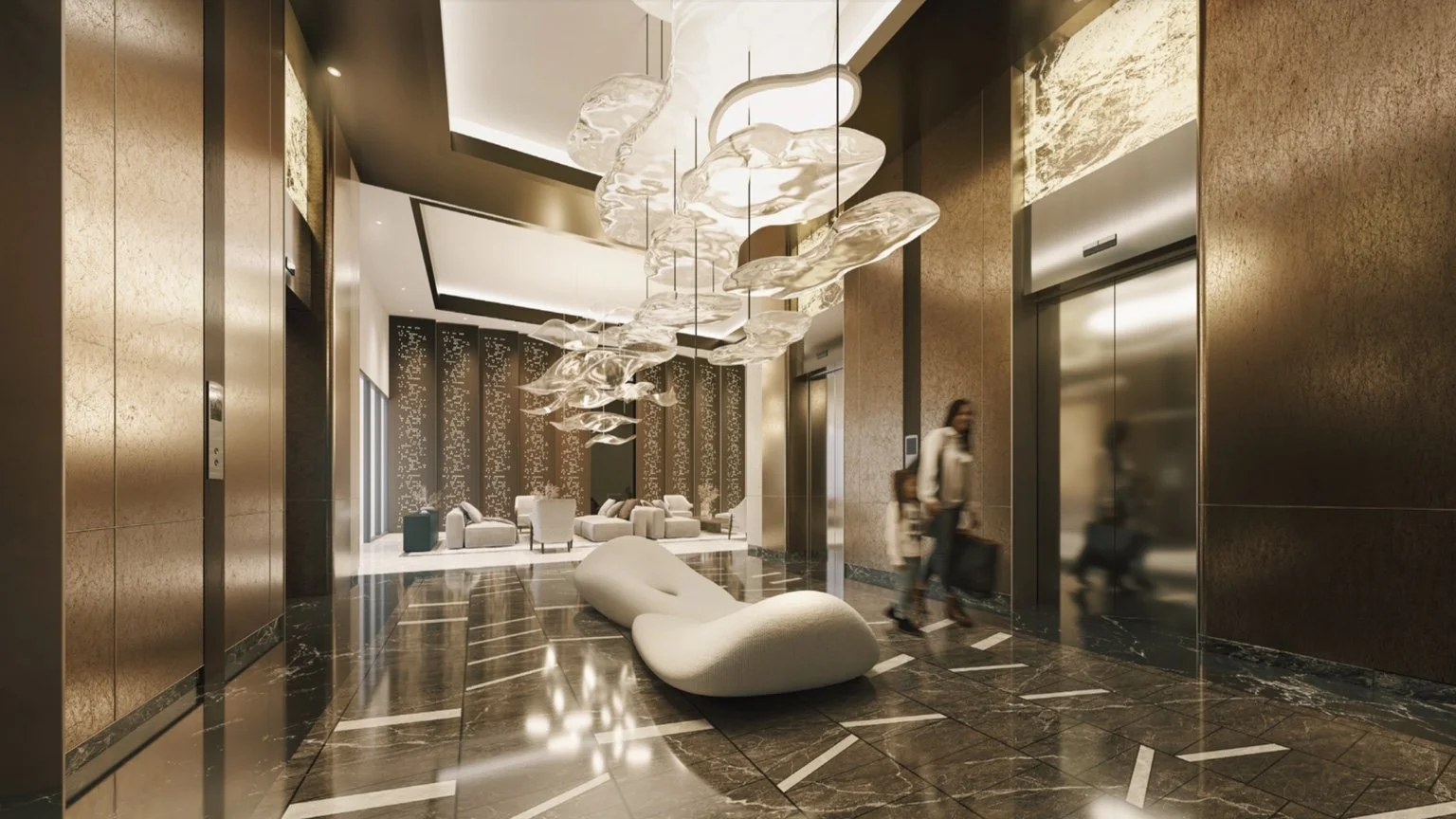Luxury lobby interior at Waterstone Penang with high ceilings, feature lighting and concierge-style entrance.