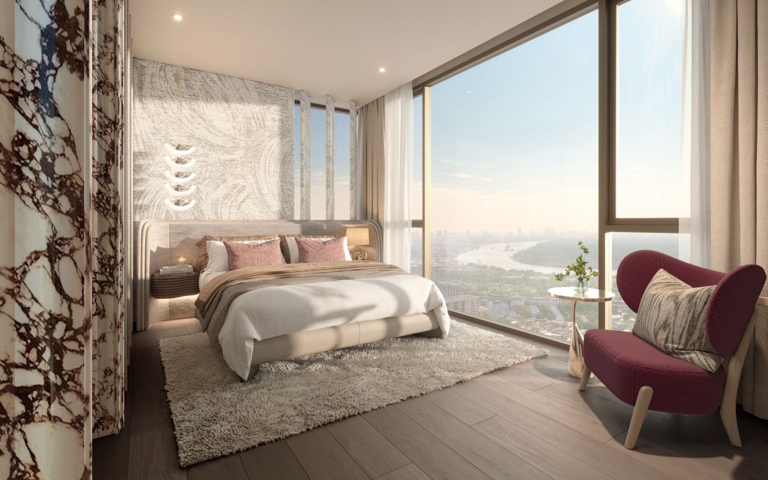 Bedroom interior with large windows and river view at Widen by Sansiri.