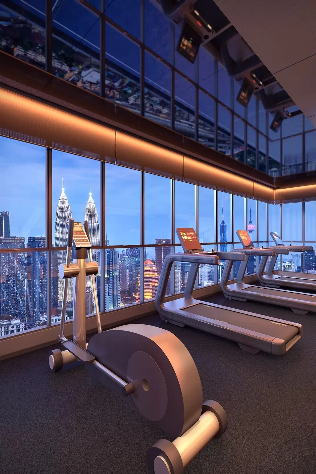 Lofthill Residence gym with KLCC skyline views, Kuala Lumpur.