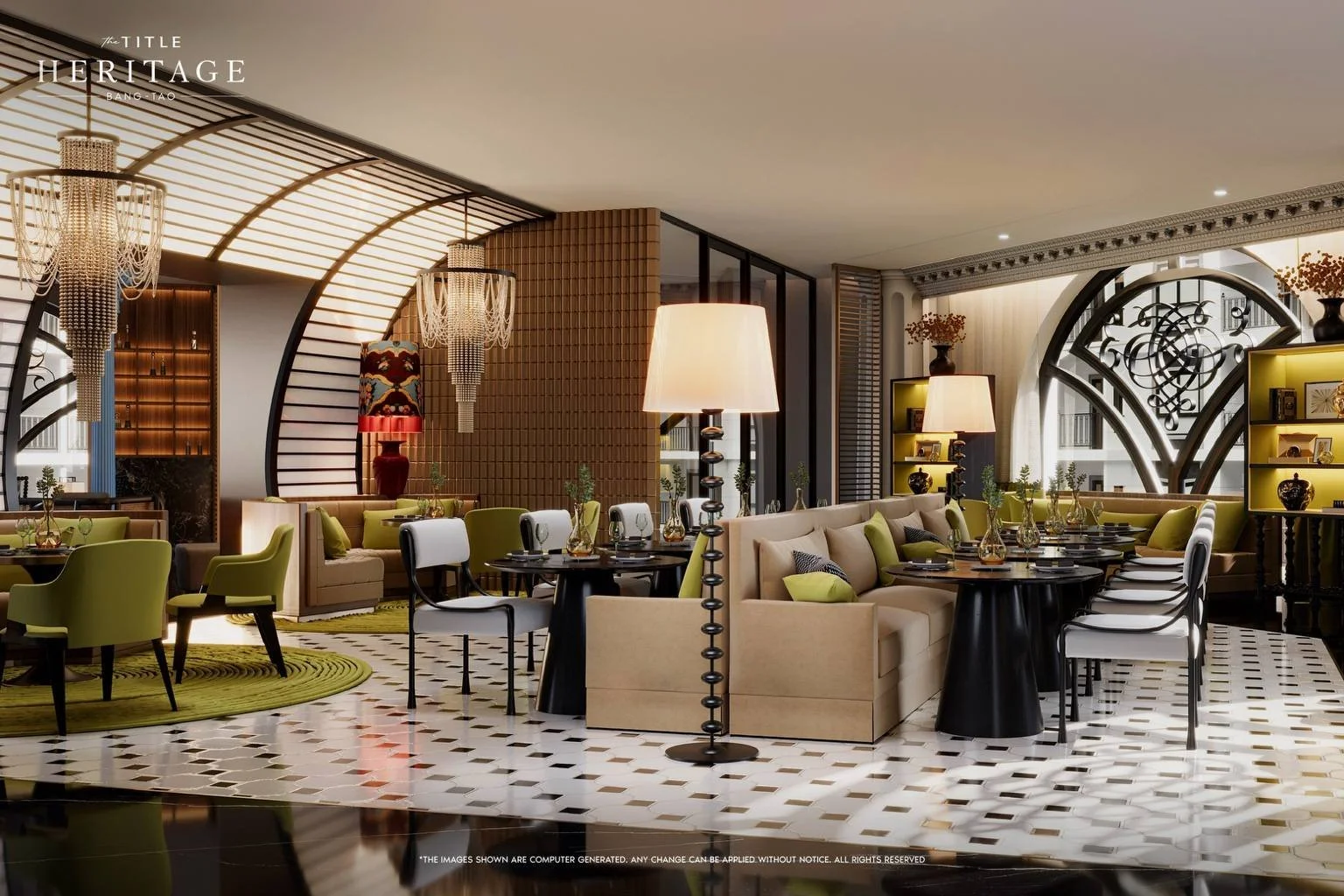 All-day dining area at The Title Heritage Bang Tao featuring restaurant-style seating, decorative lighting and social dining spaces.