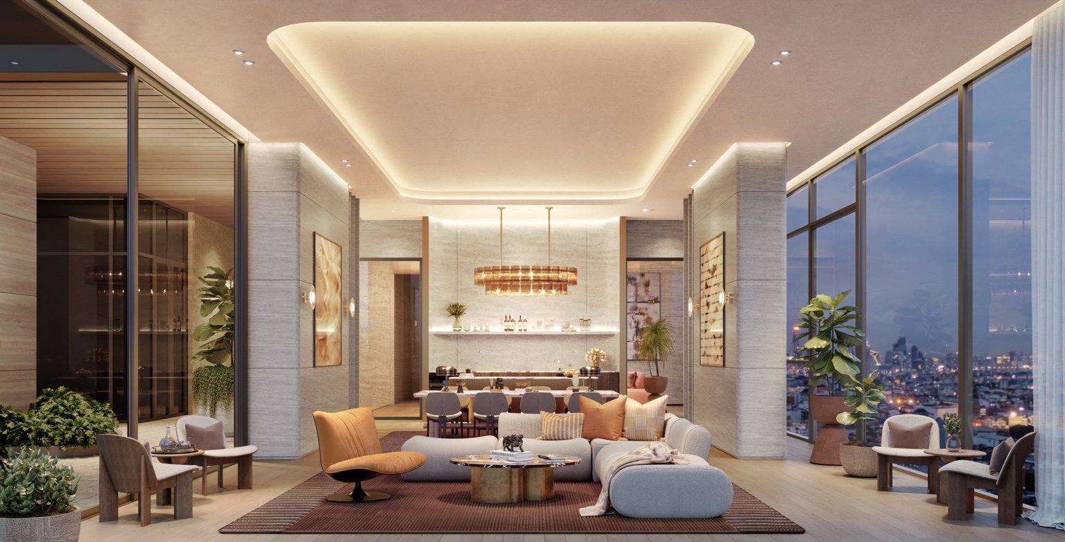 Semi-outdoor co-working and lounge space with garden connection at Widen by Sansiri.