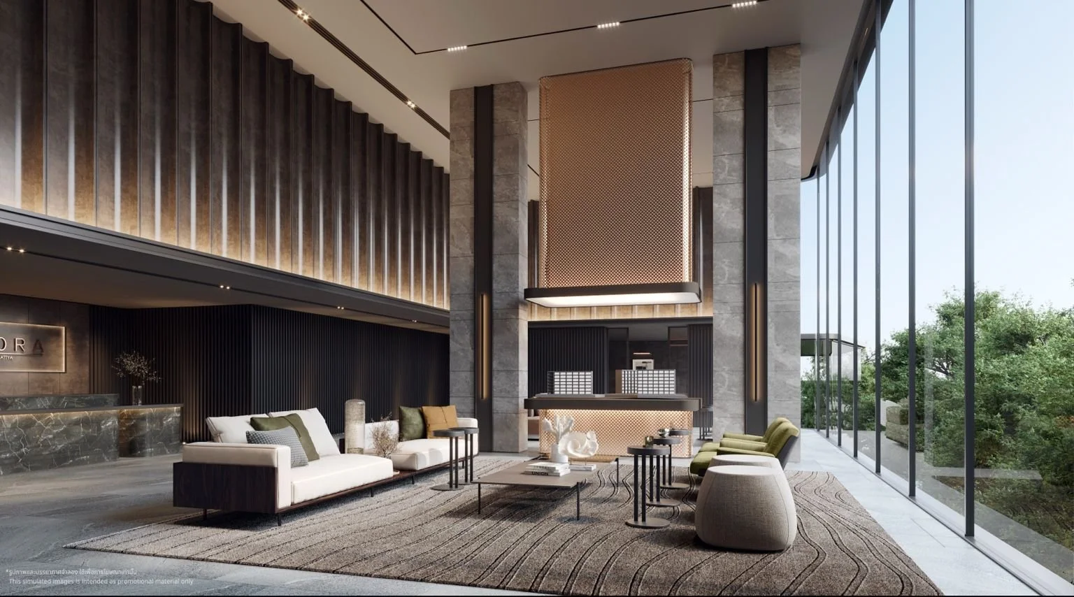 Main lobby interior rendering at The Panora Estuaria, Pattaya.