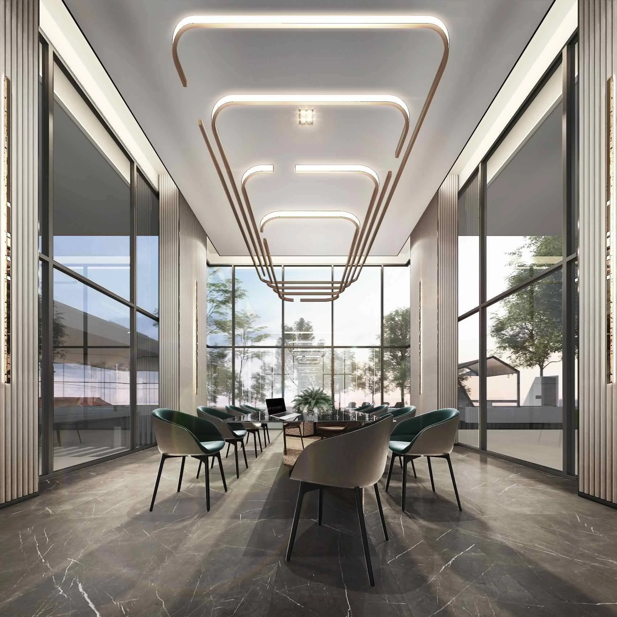 Ideo Sukhumvit Rama 4 Bangkok – modern conference room with designer lighting and floor-to-ceiling windows.