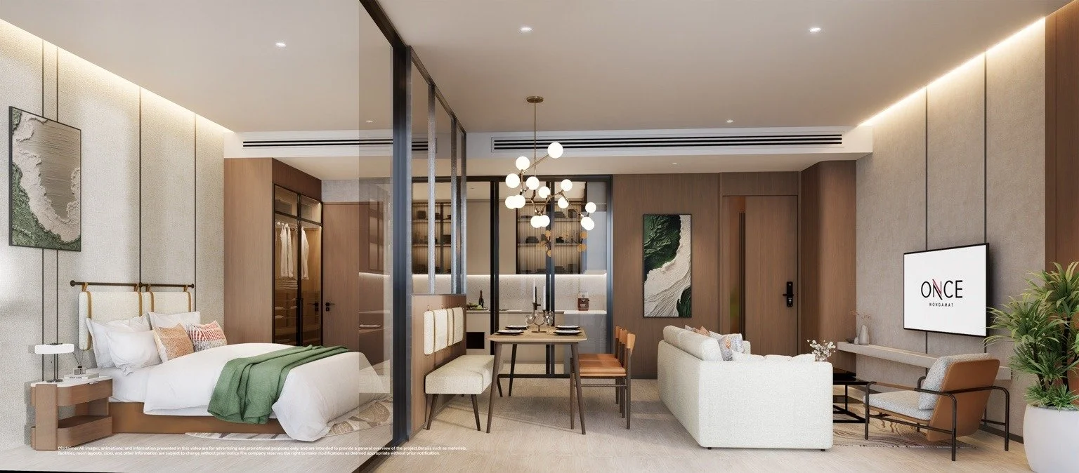 1-bedroom corner unit render showing bedroom and living area with corner glazing and sea view.