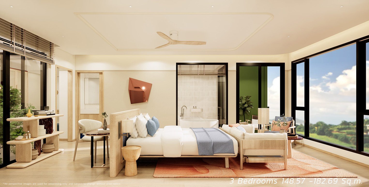 SASA Hua Hin three-bedroom condo suite with spacious bedroom and floor-to-ceiling windows.
