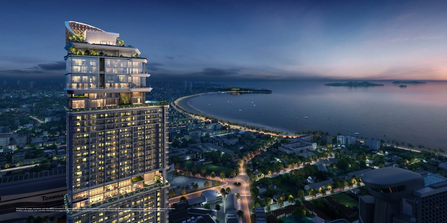 Aerial view of Once Wongamat and Pattaya Bay at sunset.