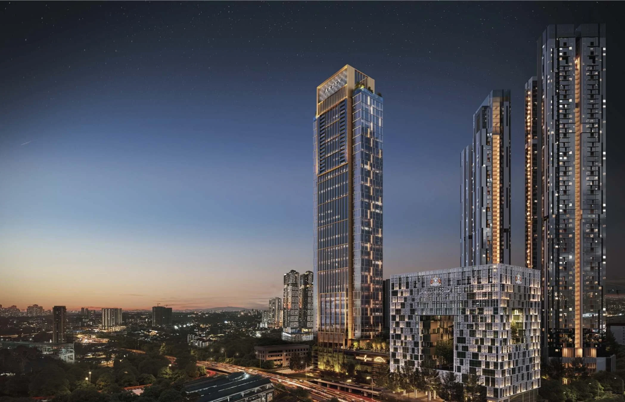 The Arden Johor Bahru serviced residence tower rising above the city skyline at dusk, showcasing its landmark height and central location near the Johor–Singapore border.