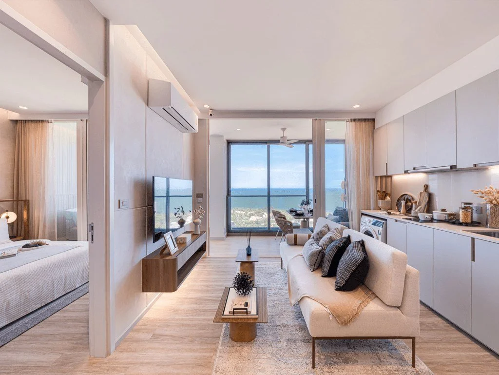 Open-plan living room and kitchen interior at Vehha Hua Hin with sea views in Hua Hin, Thailand.