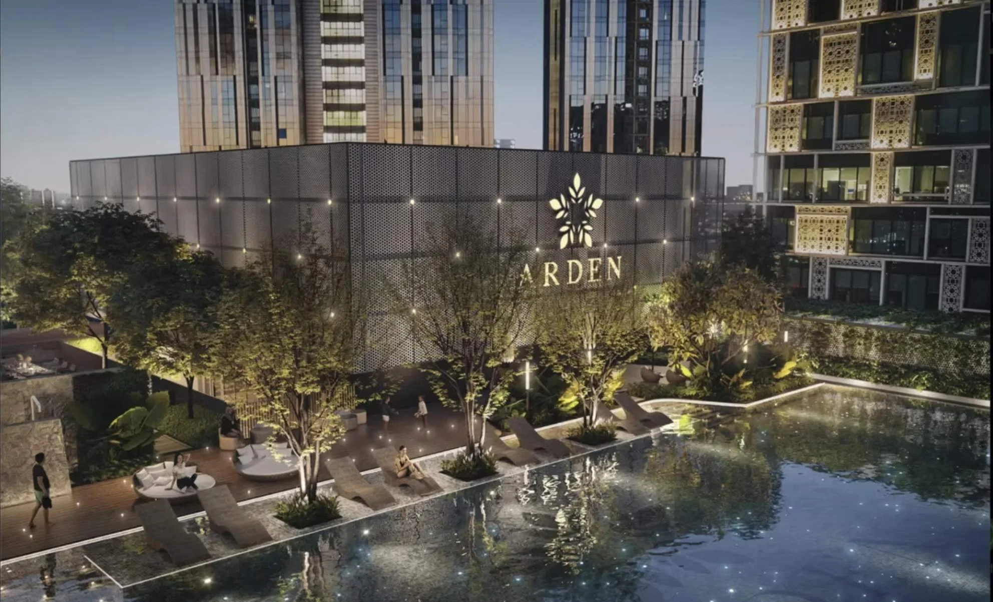 The Arden infinity pool at night with illuminated poolside deck.