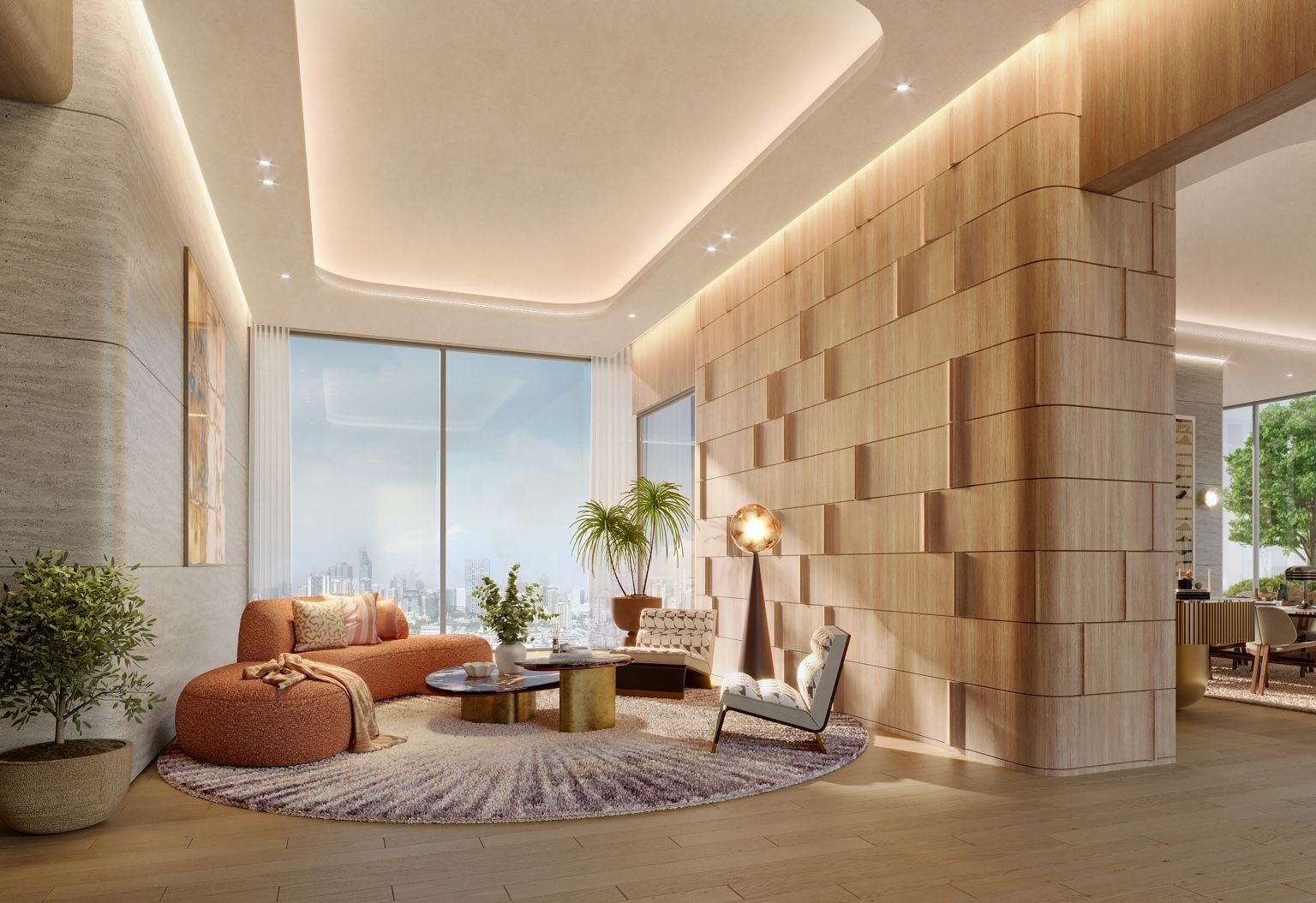 Co-living and shared workspace with seating and natural materials at Widen by Sansiri.