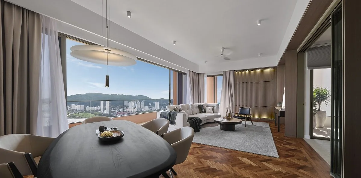 Luxury living and dining room with panoramic Penang views at Maris.