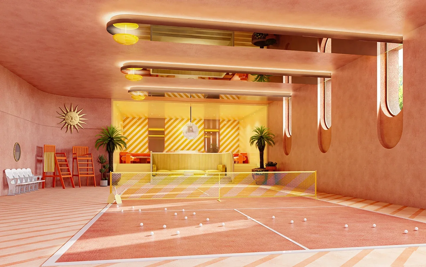 Indoor pickleball court at The Standard Residences Hua Hin with colourful retro-inspired design.
