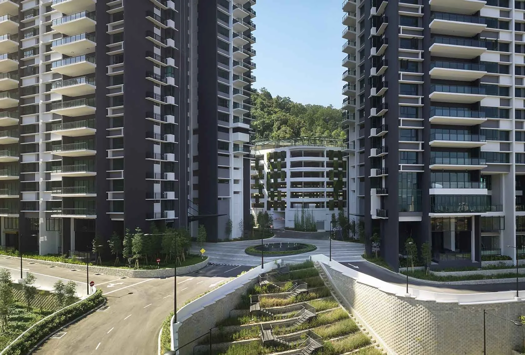 Main entrance and twin tower façade of Alila² in Tanjung Bungah, Penang.