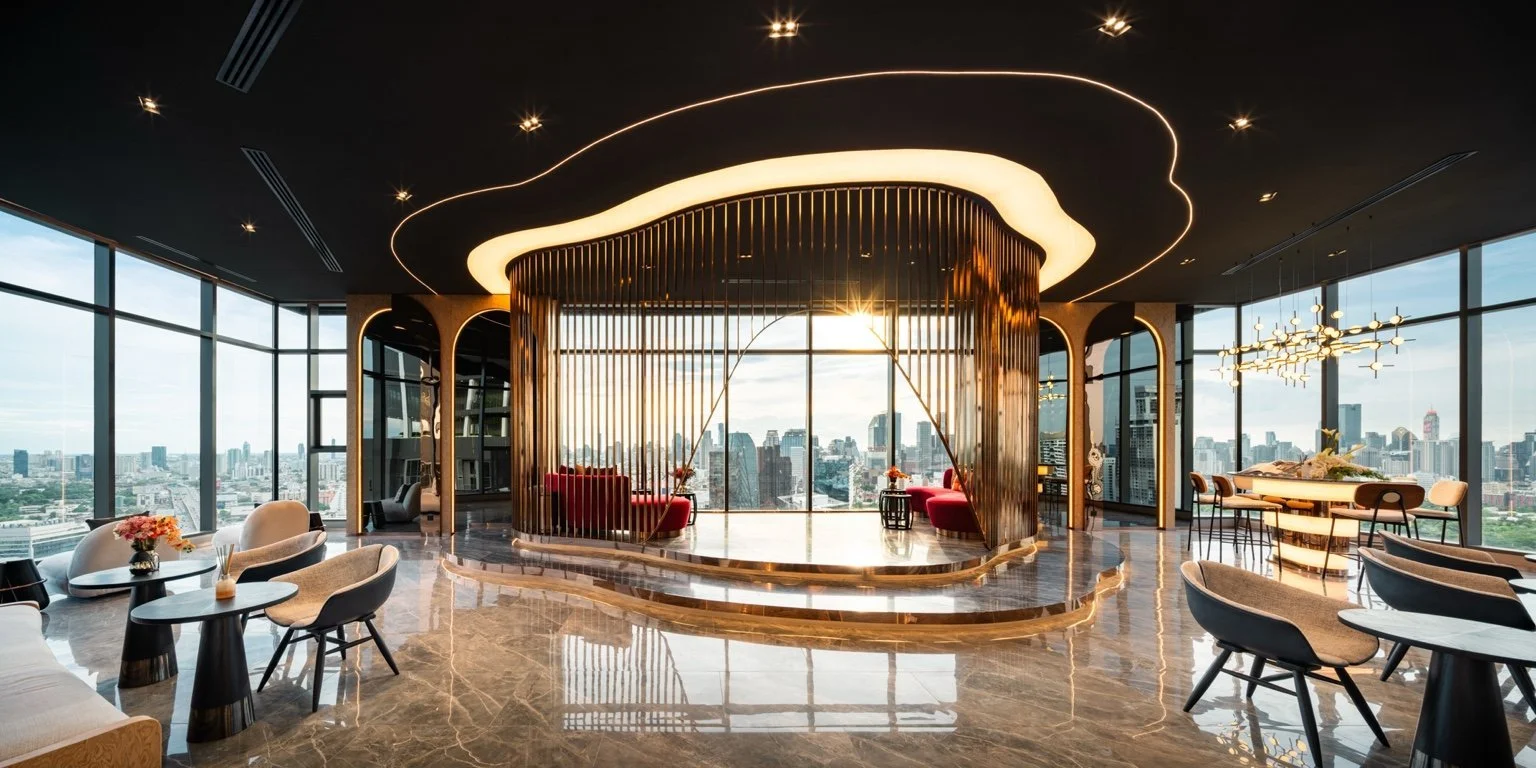 Circular lounge at Life Rama 4 Asoke sky club level with panoramic Bangkok city views.