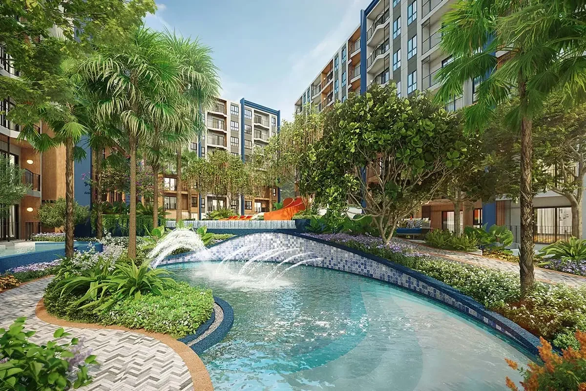 Jungle Fun children’s pool at Cabanas Hua Hin with water jets and tropical landscaping.