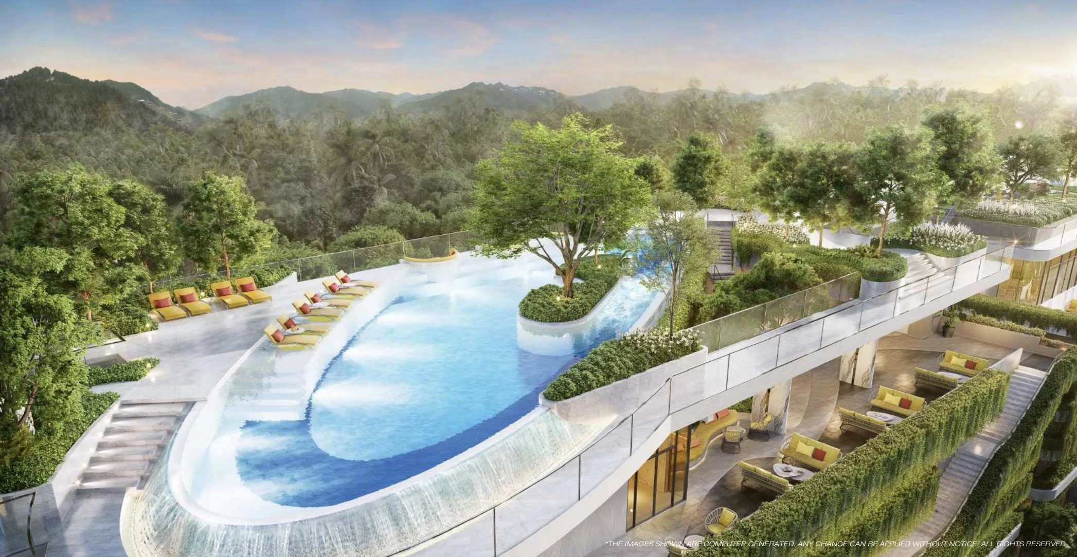 Central swimming pool with landscaped terraces at The Modeva Phuket.
