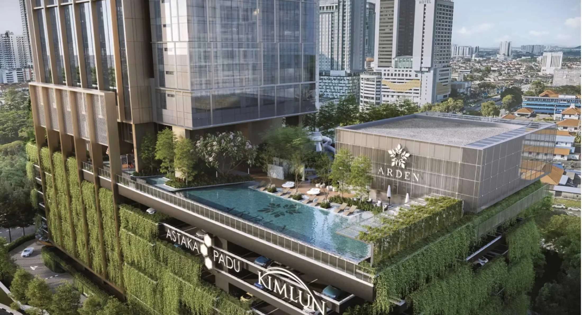 Podium-level infinity pool at The Arden with landscaped deck and tower backdrop.