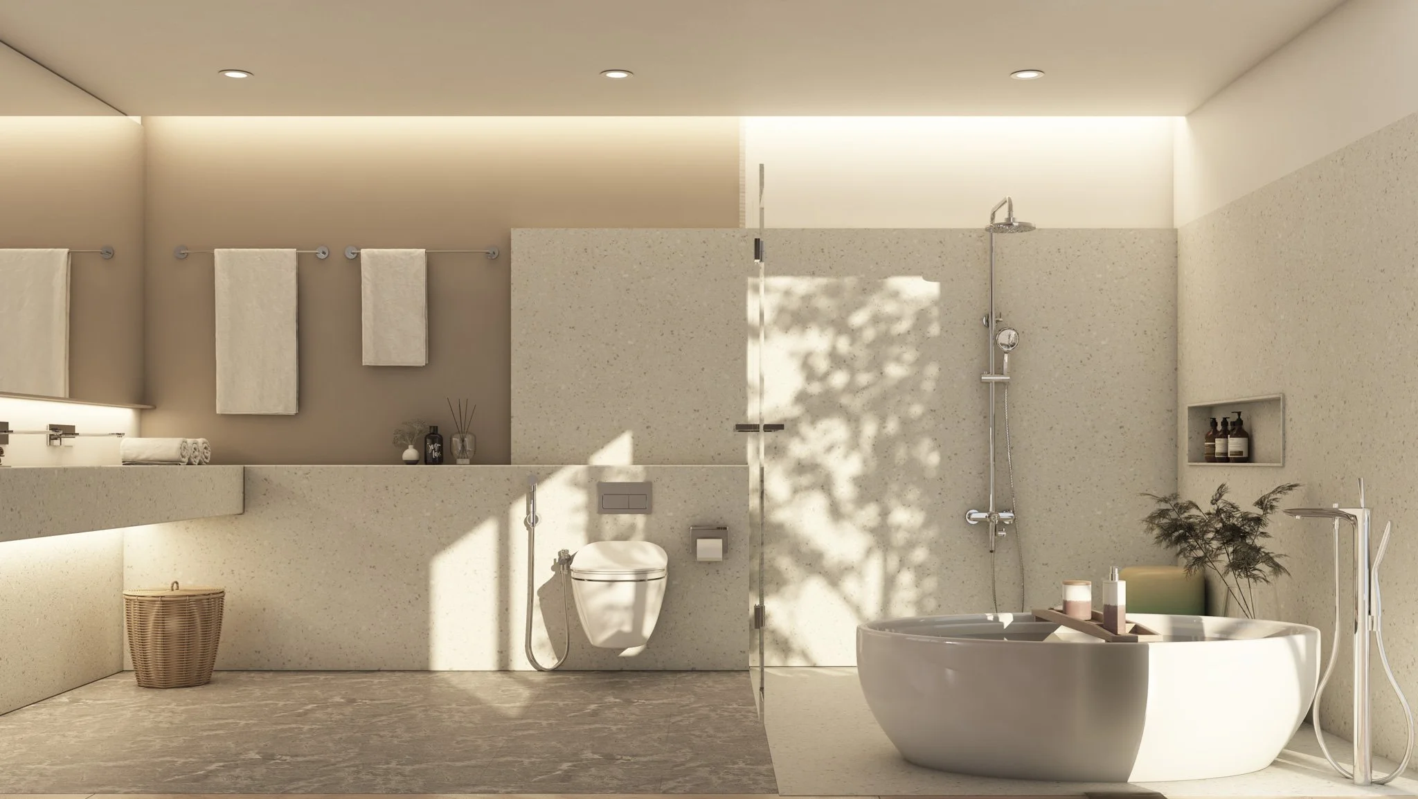 Minimalist bathroom at Villa Qabalah featuring freestanding tub, walk-in shower, and warm natural lighting