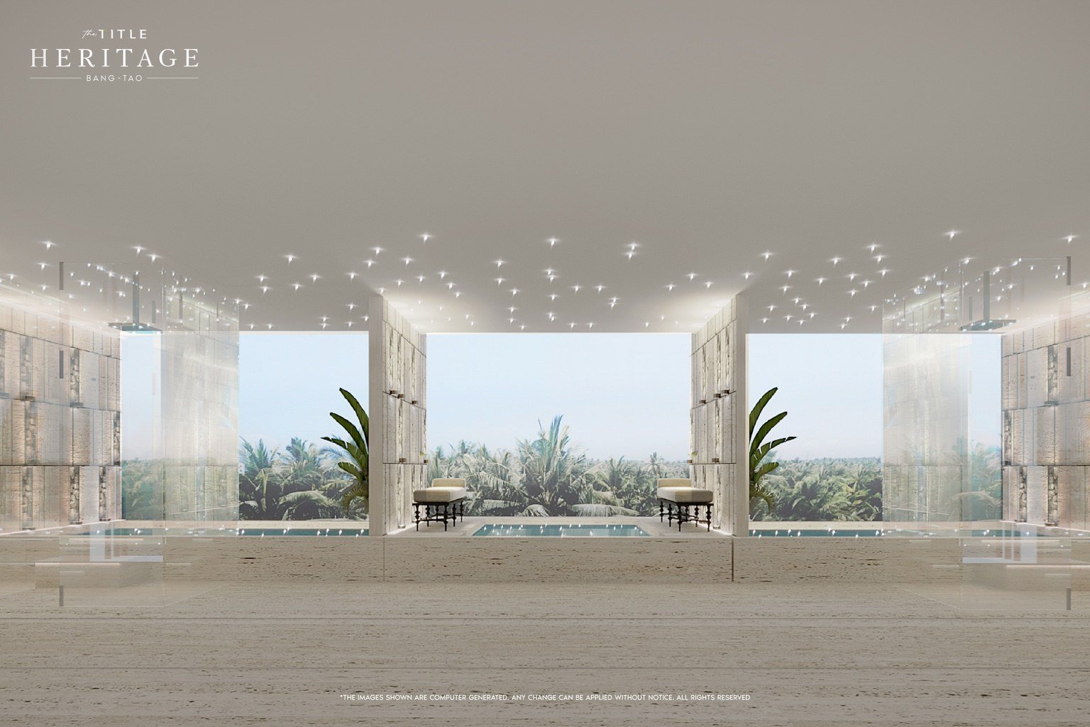 Indoor onsen-style spa and relaxation pool at The Title Heritage Bang Tao with stone finishes and tranquil lighting.