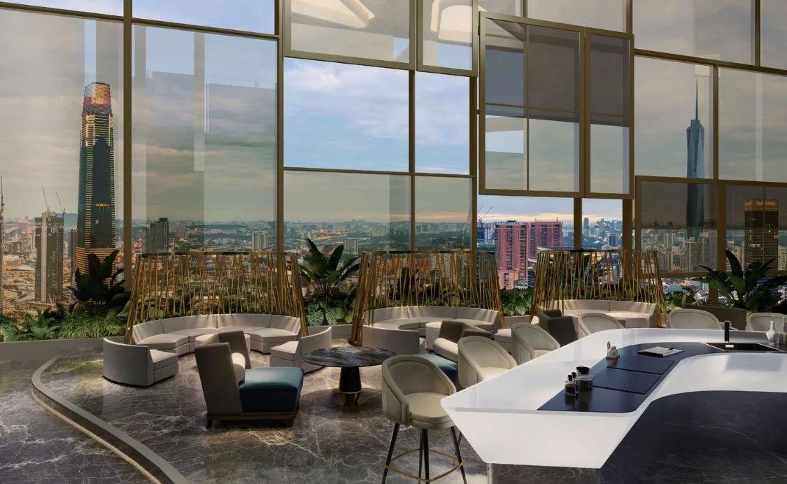 Sky lounge at Orion Residence with floor-to-ceiling windows and skyline views over KLCC.
