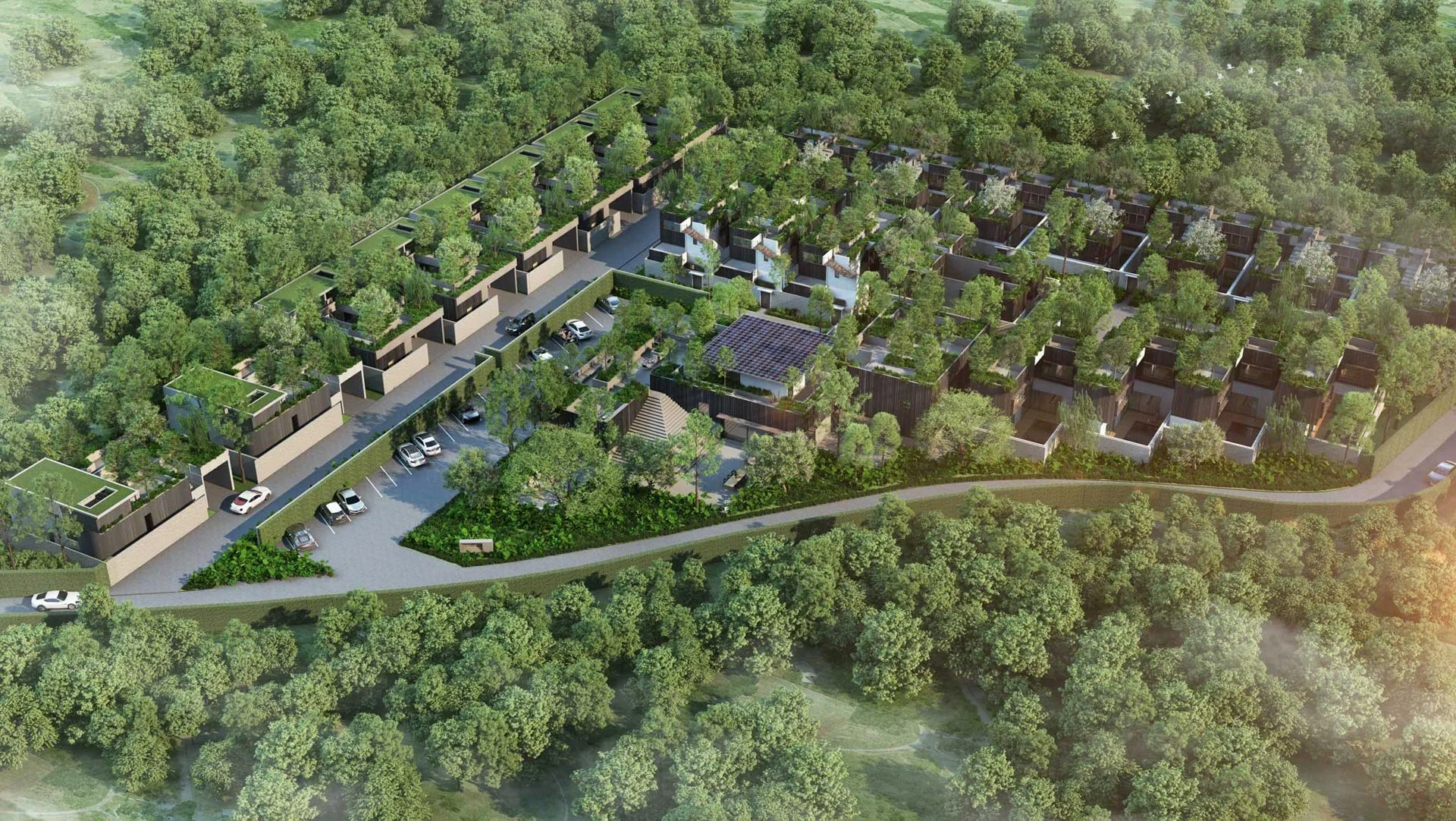 Aerial view of Villa Qabalah masterplan showing low-density layout, rooftop gardens, and forest surroundings in Bangjo, Phuket