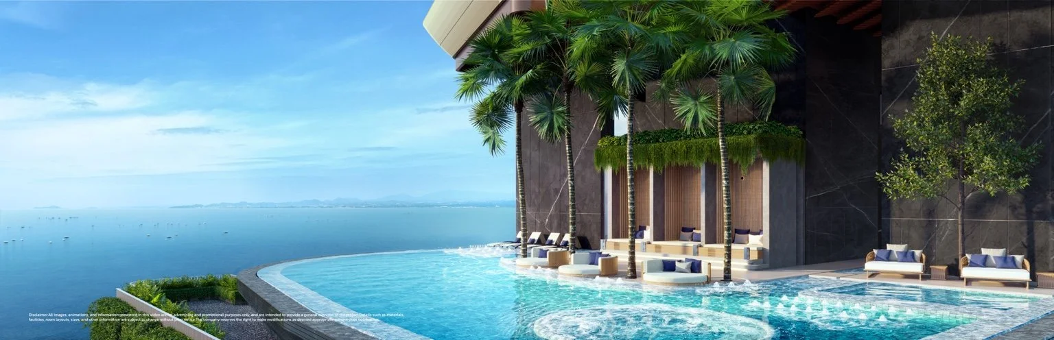 Infinity pool terrace with ocean views and landscaped seating areas.