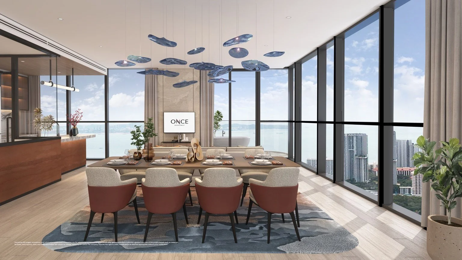 3-bedroom Pattaya Bay unit living/dining render with floor-to-ceiling glazing and sea outlook.