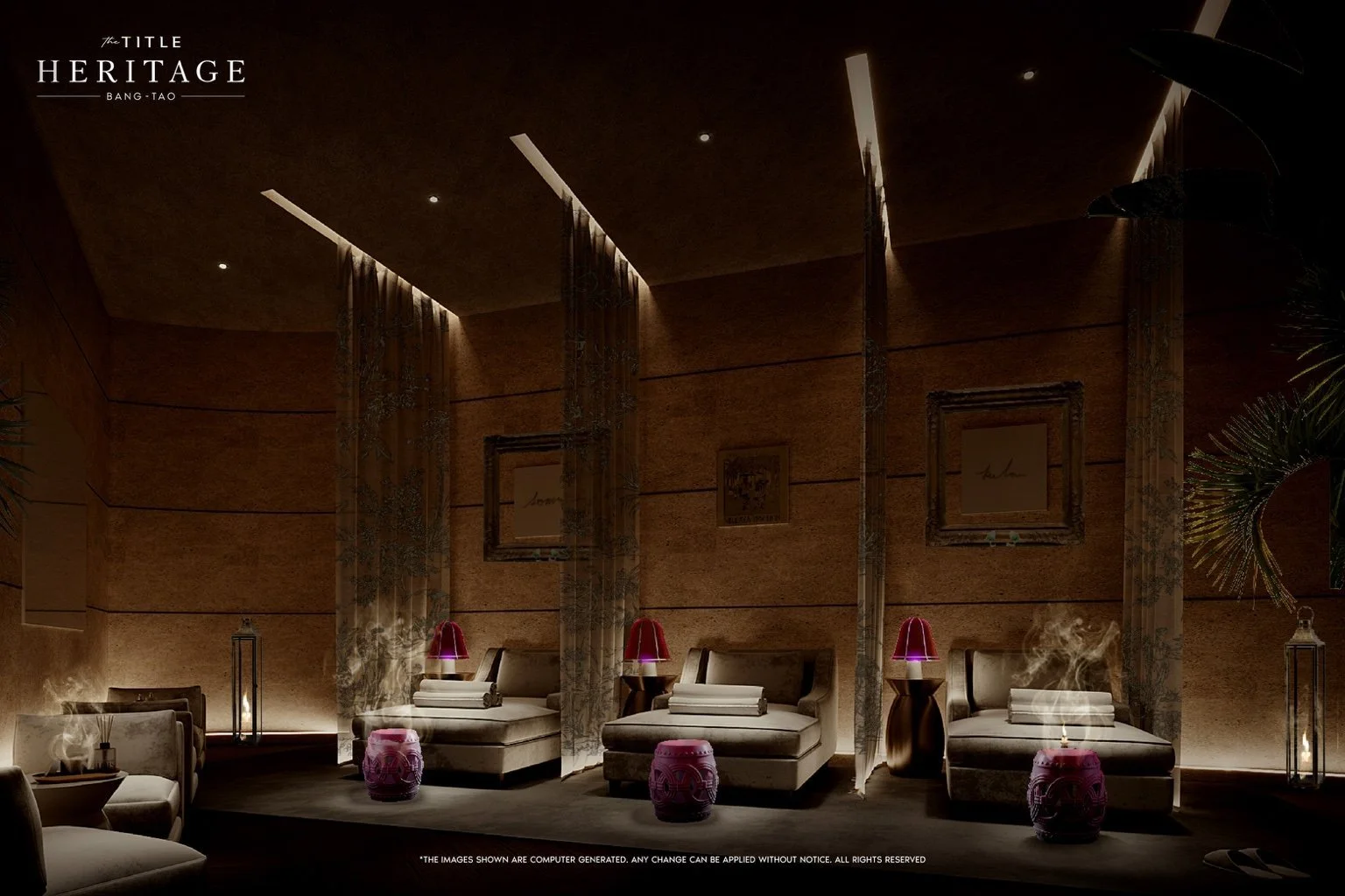 Quiet relaxation room at The Title Heritage Bang Tao designed for rest and wellness, with lounge beds and soft ambient lighting.