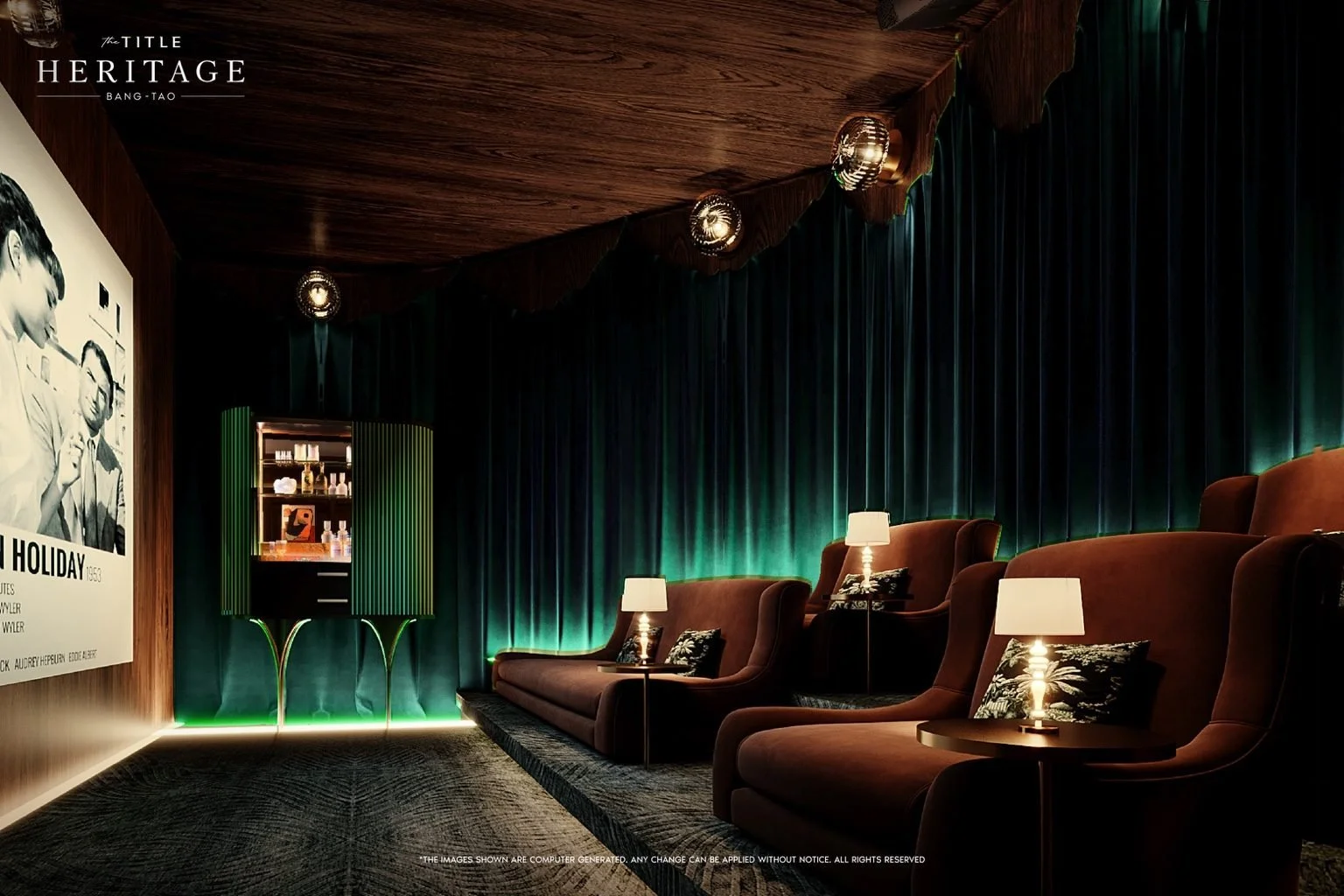 Private home theatre room at The Title Heritage Bang Tao with tiered seating, ambient lighting and cinema-style screen for residents.