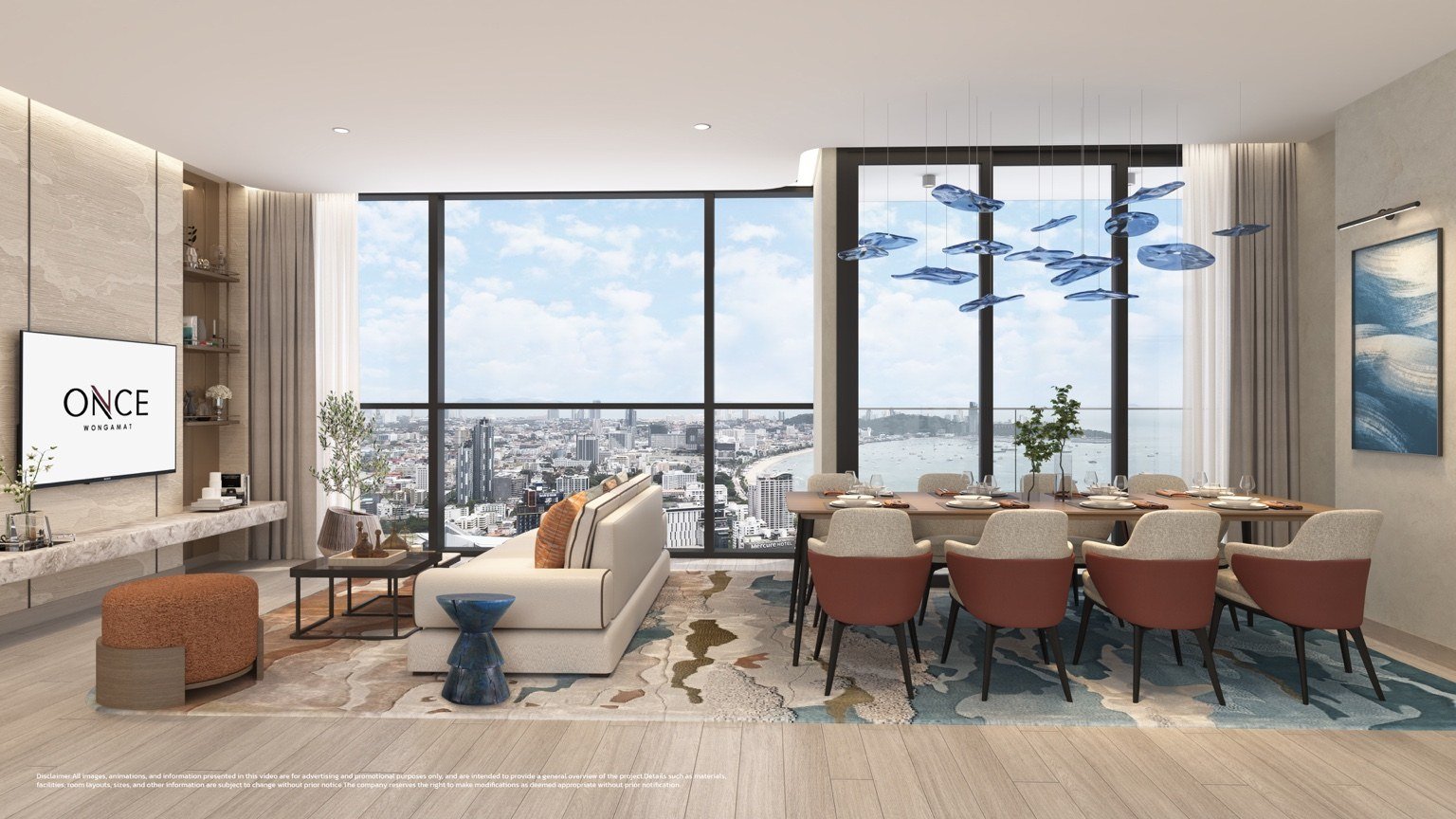 3-bedroom corner unit living/dining render with open-plan layout and large windows.