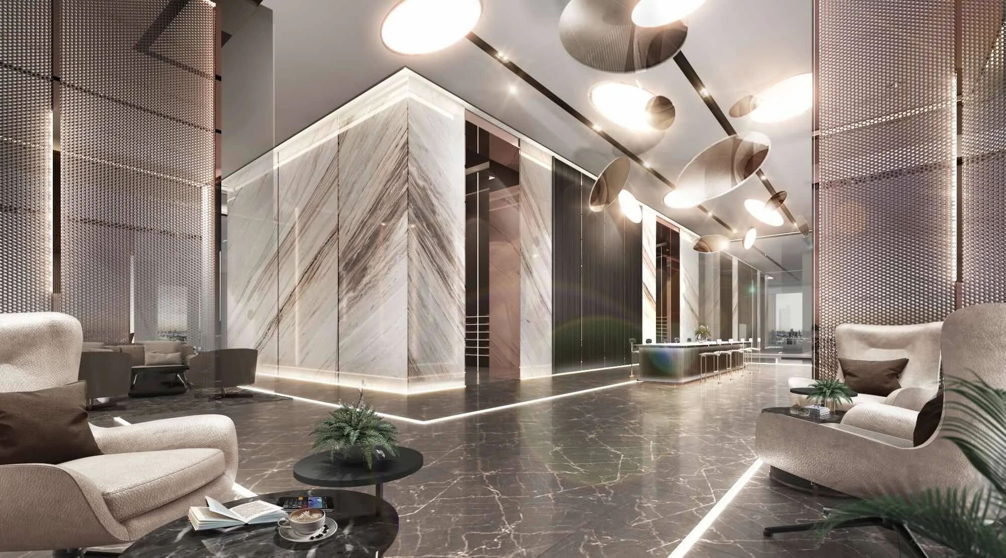 Ideo Sukhumvit Rama 4 Bangkok – elegant marble lobby with ambient lighting and seating area.