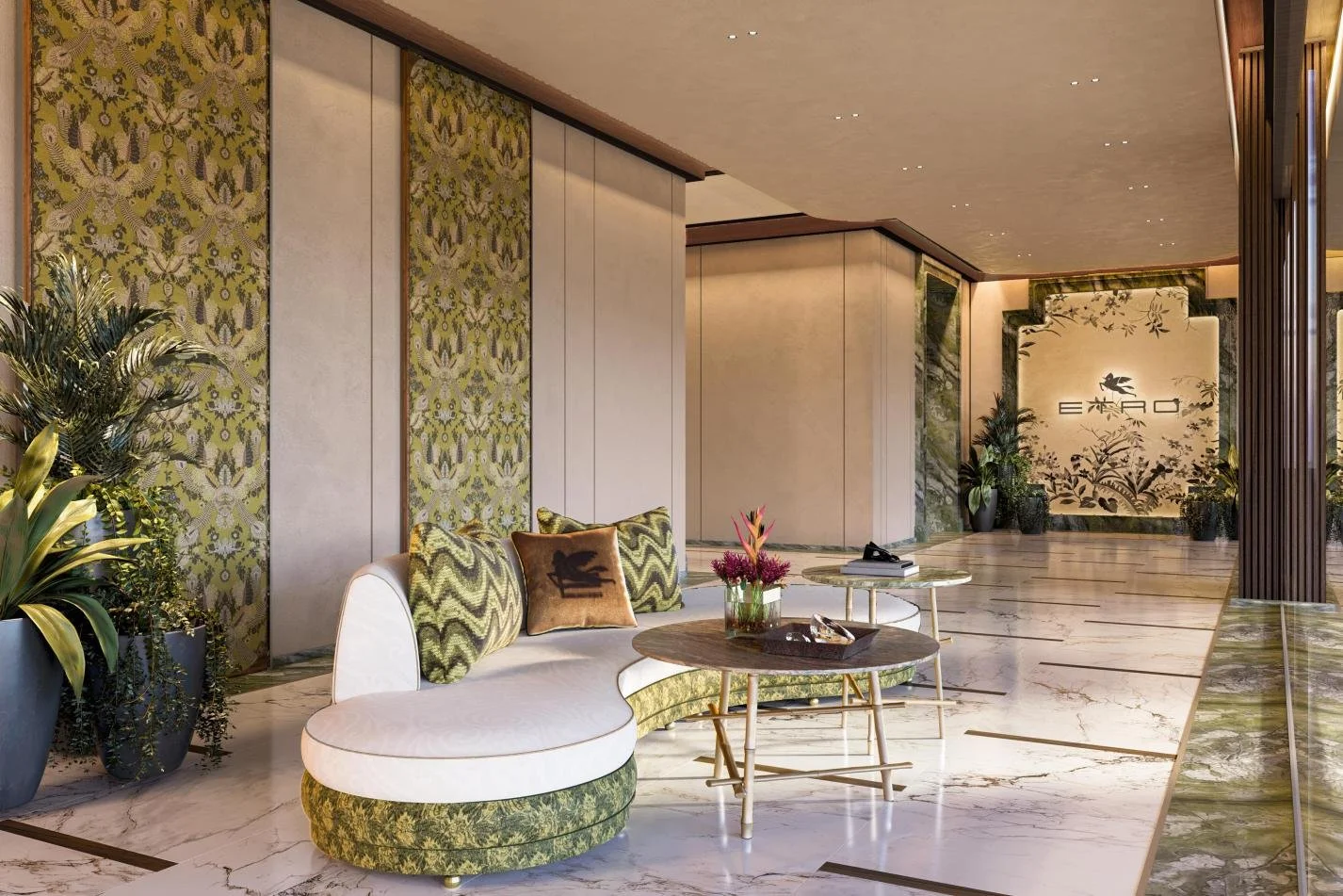Etro Residences lobby at Gardens of Eden Phuket with premium finishes, statement seating, and Etro-branded design details.