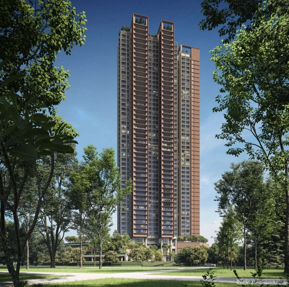 The Lume by E&O residential tower surrounded by landscaped greenery at Andaman Island, Penang.
