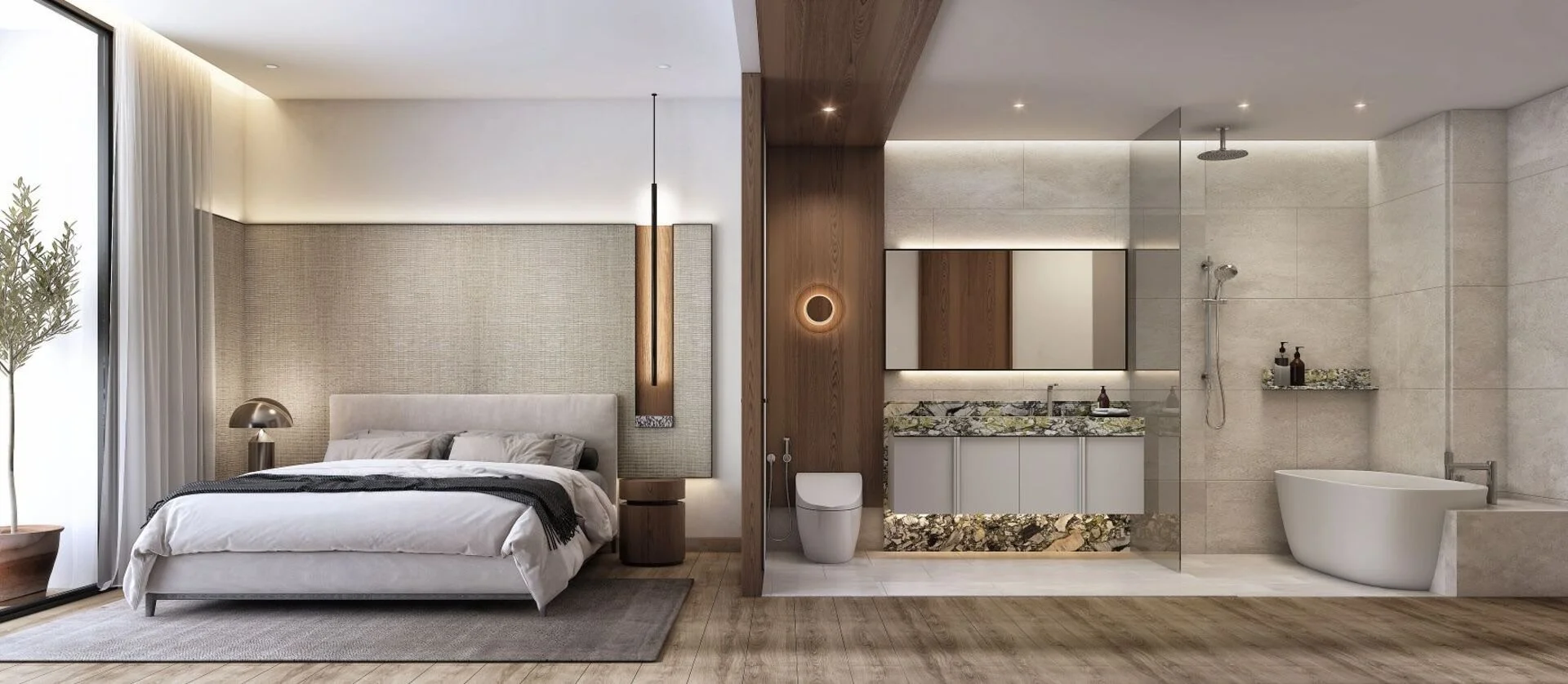 Master bedroom and en-suite bathroom at Romm Convent, featuring natural materials, premium fixtures, and minimalist wellness-inspired design.